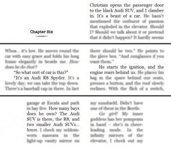 Audis in Fifty Shades of Grey (2011, Vintage Books, screen capture)